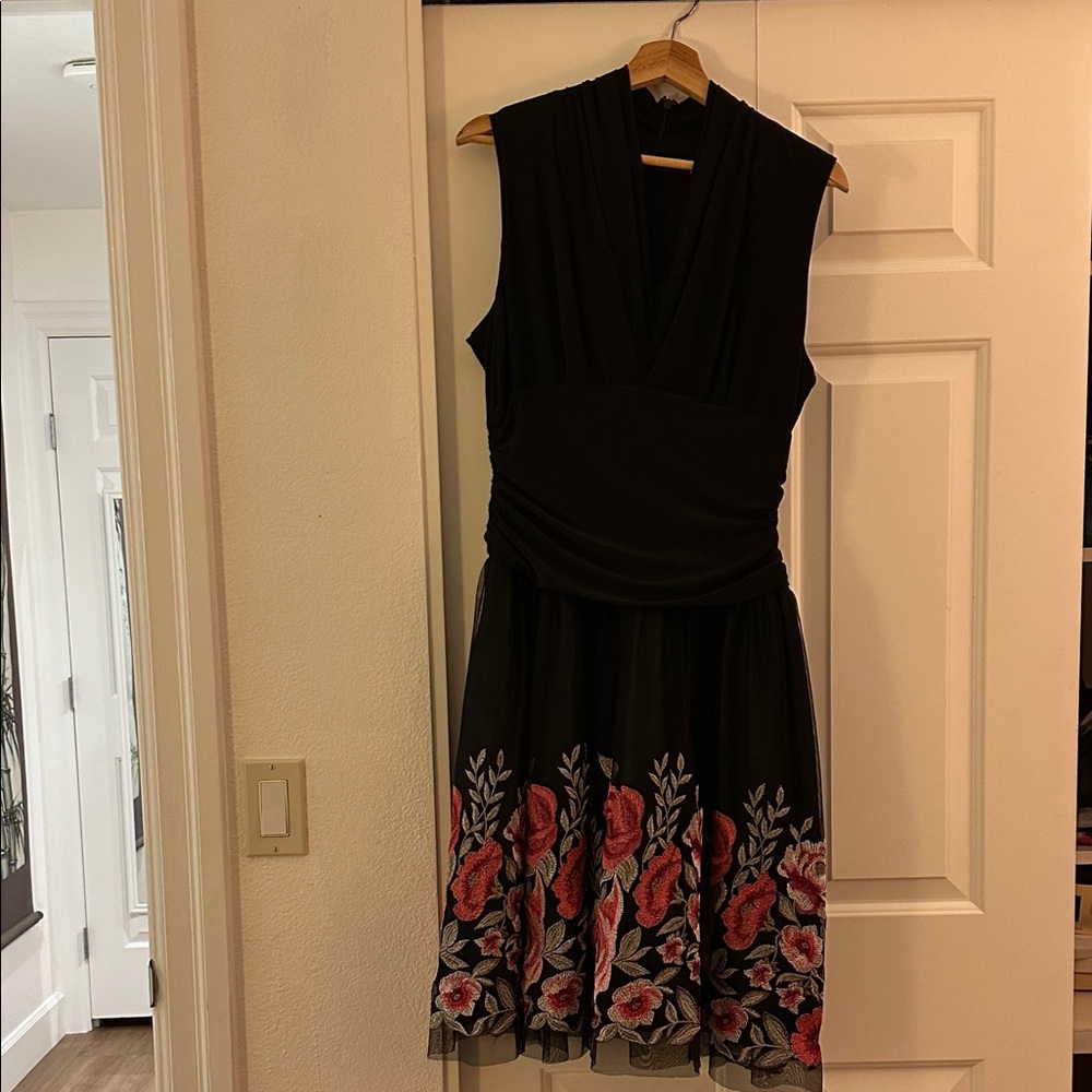 SLNY Black Dress with Red Floral Accents